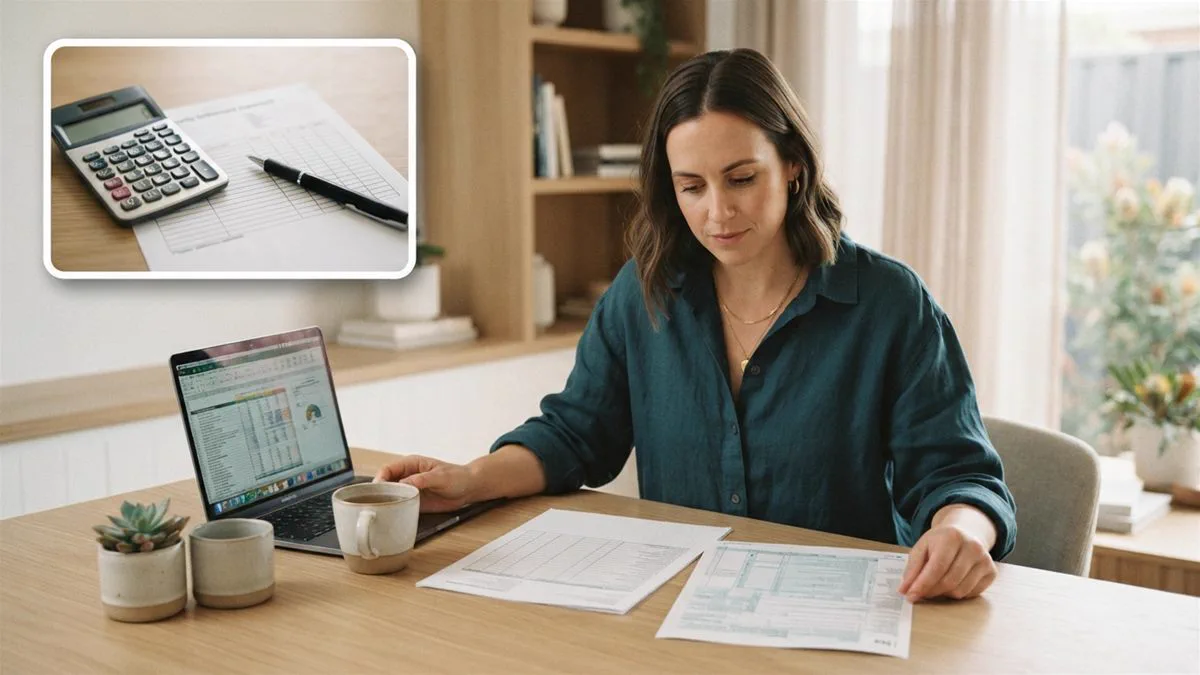 A person at a desk with a property settlement statement and a tax return open beside it